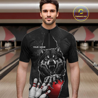 Personalized Wolf Black Grunge Bowling Shirts For Men Custom Bowling Team Jersey Polo & 1/4 Zip TDM7696