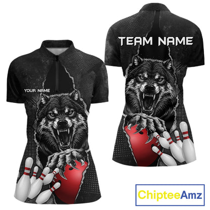 Personalized Wolf Black Grunge Bowling Shirts For Women Custom Bowling Team Jersey Polo & 1/4 Zip TDM7696
