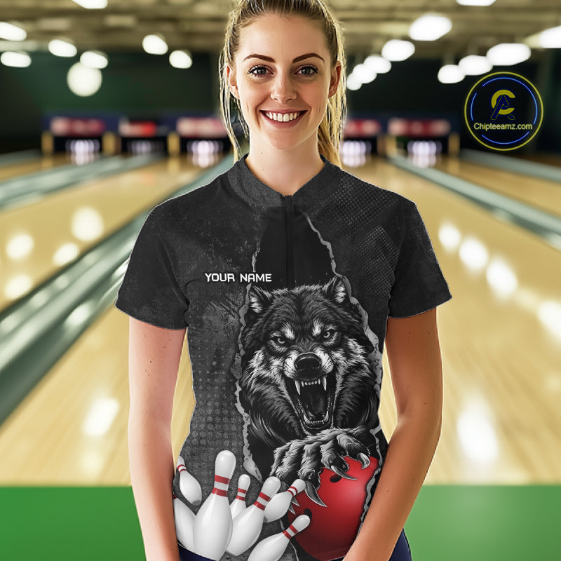 Personalized Wolf Black Grunge Bowling Shirts For Women Custom Bowling Team Jersey Polo & 1/4 Zip TDM7696