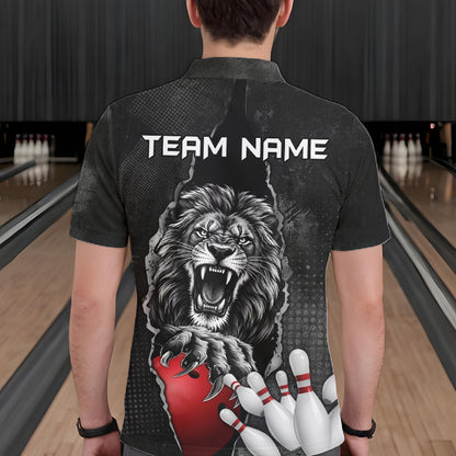 Personalized Lion Black Grunge Bowling Shirts For Men Custom Bowling Team Jersey Polo & 1/4 Zip TDM7697