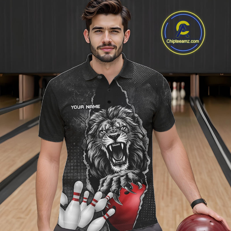 Personalized Lion Black Grunge Bowling Shirts For Men Custom Bowling Team Jersey Polo & 1/4 Zip TDM7697