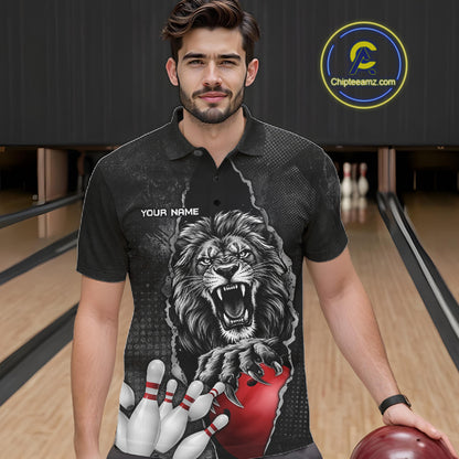 Personalized Lion Black Grunge Bowling Shirts For Men Custom Bowling Team Jersey Polo & 1/4 Zip TDM7697