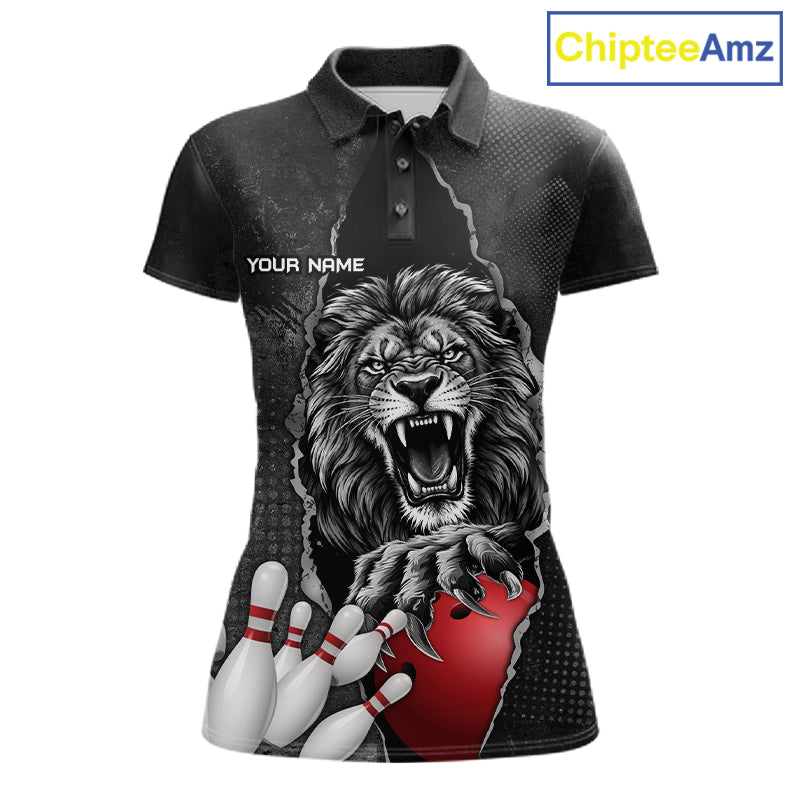 Personalized Lion Black Grunge Bowling Shirts For Women Custom Bowling Team Jersey Polo & 1/4 Zip TDM7697