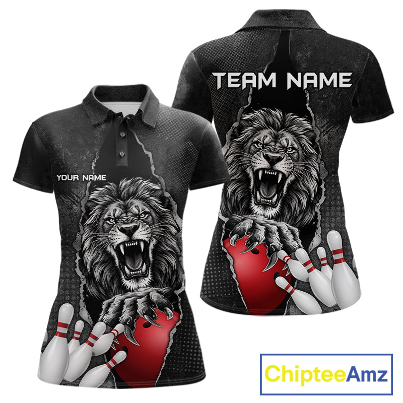 Personalized Lion Black Grunge Bowling Shirts For Women Custom Bowling Team Jersey Polo & 1/4 Zip TDM7697