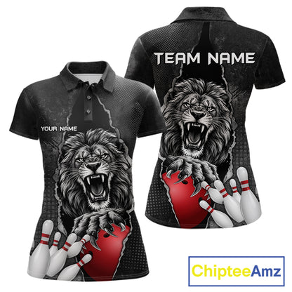 Personalized Lion Black Grunge Bowling Shirts For Women Custom Bowling Team Jersey Polo & 1/4 Zip TDM7697