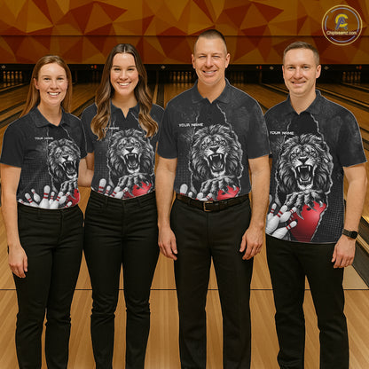 Personalized Lion Black Grunge Bowling Shirts For Men Custom Bowling Team Jersey Polo & 1/4 Zip TDM7697