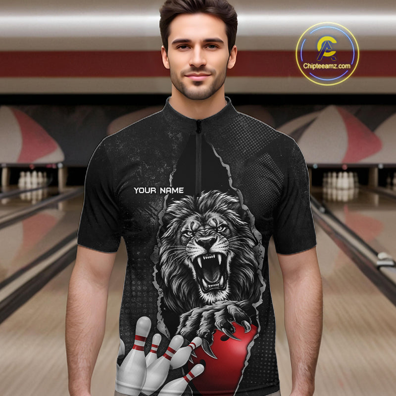 Personalized Lion Black Grunge Bowling Shirts For Men Custom Bowling Team Jersey Polo & 1/4 Zip TDM7697