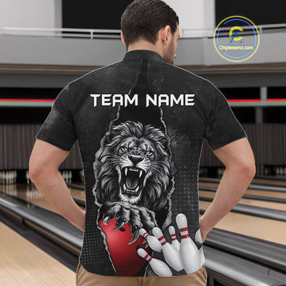 Personalized Lion Black Grunge Bowling Shirts For Men Custom Bowling Team Jersey Polo & 1/4 Zip TDM7697