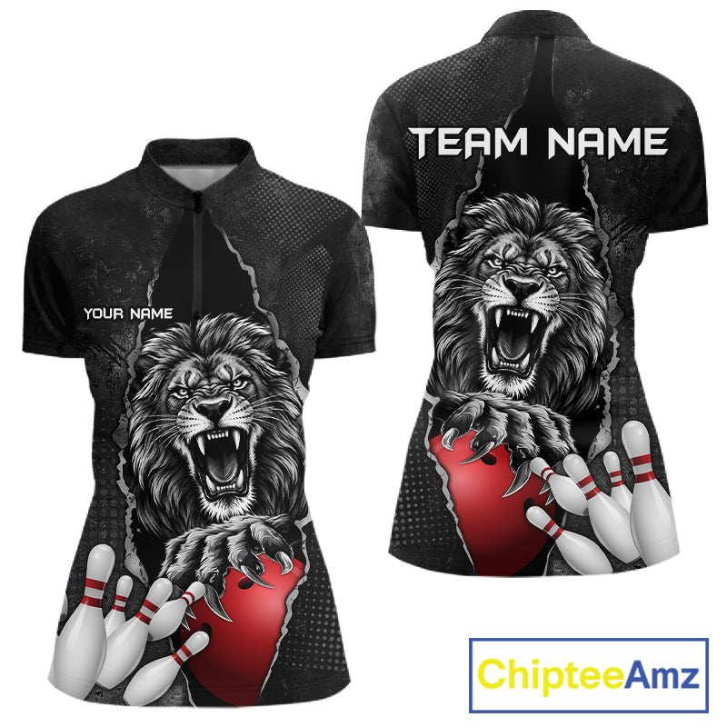 Personalized Lion Black Grunge Bowling Shirts For Women Custom Bowling Team Jersey Polo & 1/4 Zip TDM7697