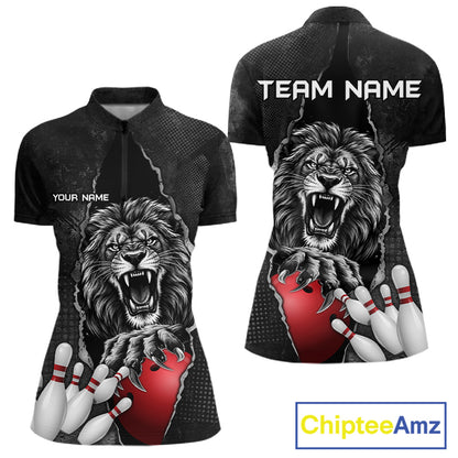 Personalized Lion Black Grunge Bowling Shirts For Women Custom Bowling Team Jersey Polo & 1/4 Zip TDM7697