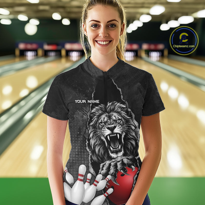 Personalized Lion Black Grunge Bowling Shirts For Women Custom Bowling Team Jersey Polo & 1/4 Zip TDM7697