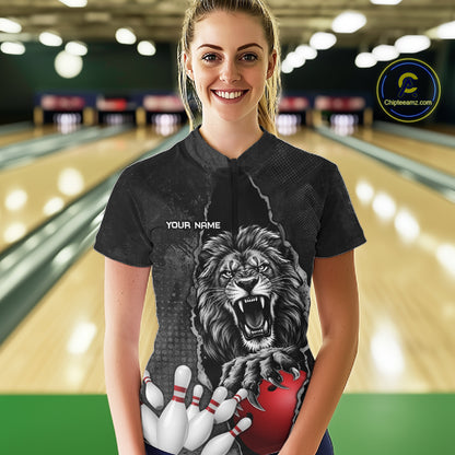 Personalized Lion Black Grunge Bowling Shirts For Women Custom Bowling Team Jersey Polo & 1/4 Zip TDM7697