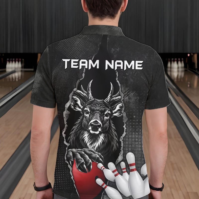 Personalized Deer Black Grunge Bowling Shirts For Men Custom Bowling Team Jersey Polo & 1/4 Zip TDM7698