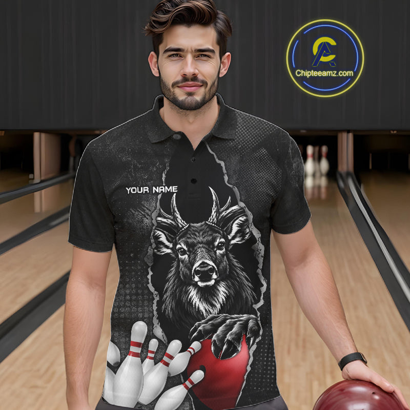 Personalized Deer Black Grunge Bowling Shirts For Men Custom Bowling Team Jersey Polo & 1/4 Zip TDM7698