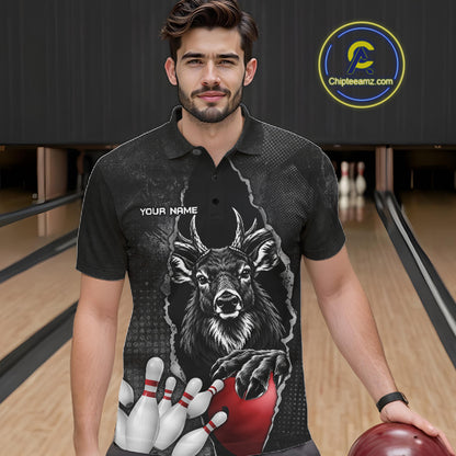 Personalized Deer Black Grunge Bowling Shirts For Men Custom Bowling Team Jersey Polo & 1/4 Zip TDM7698