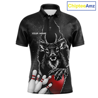 Personalized Deer Black Grunge Bowling Shirts For Men Custom Bowling Team Jersey Polo & 1/4 Zip TDM7698