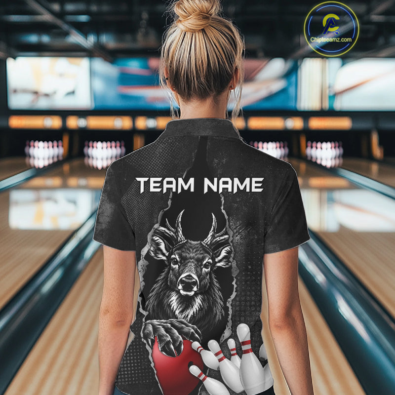 Personalized Deer Black Grunge Bowling Shirts For Women Custom Bowling Team Jersey Polo & 1/4 Zip TDM7698
