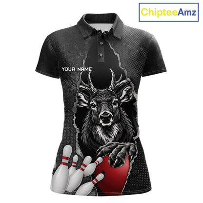 Personalized Deer Black Grunge Bowling Shirts For Women Custom Bowling Team Jersey Polo & 1/4 Zip TDM7698