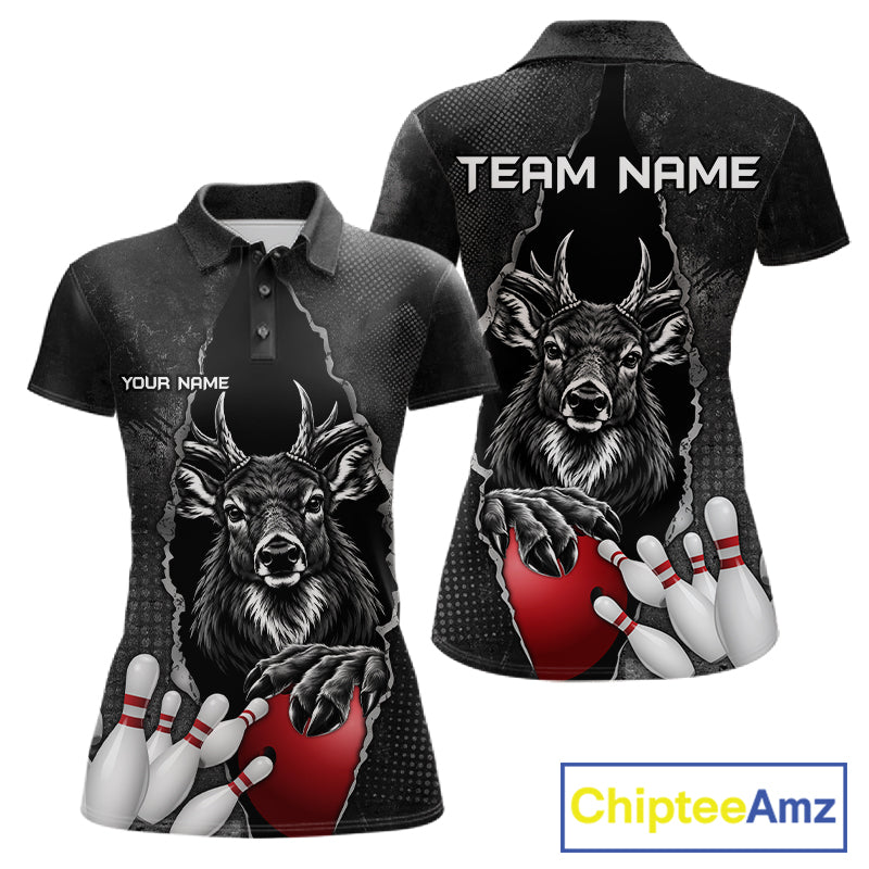 Personalized Deer Black Grunge Bowling Shirts For Women Custom Bowling Team Jersey Polo & 1/4 Zip TDM7698