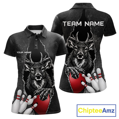 Personalized Deer Black Grunge Bowling Shirts For Women Custom Bowling Team Jersey Polo & 1/4 Zip TDM7698