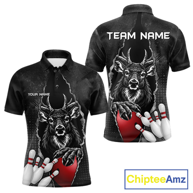 Personalized Deer Black Grunge Bowling Shirts For Men Custom Bowling Team Jersey Polo & 1/4 Zip TDM7698
