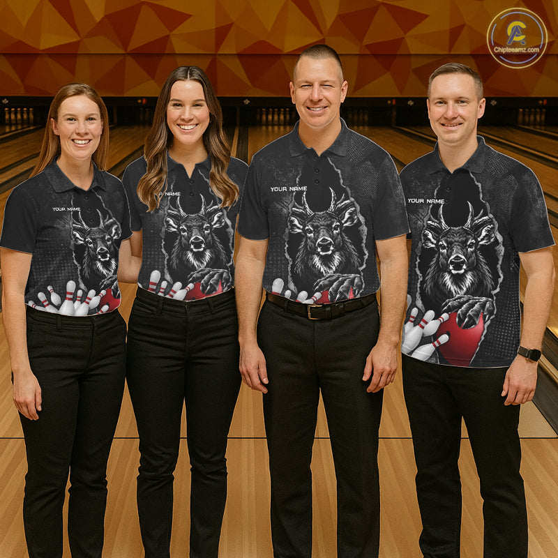 Personalized Deer Black Grunge Bowling Shirts For Men Custom Bowling Team Jersey Polo & 1/4 Zip TDM7698