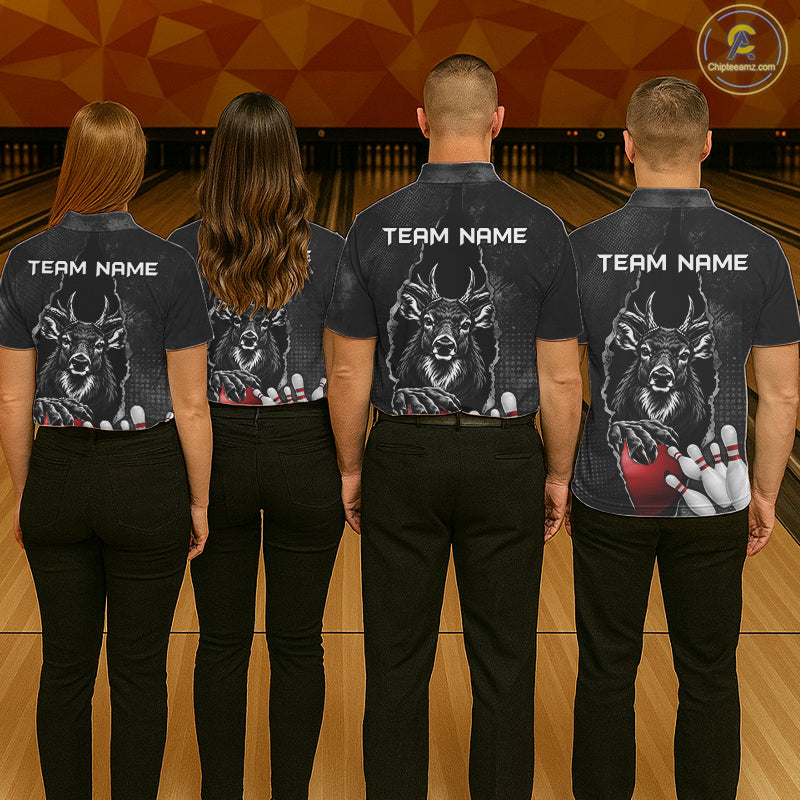 Personalized Deer Black Grunge Bowling Shirts For Men Custom Bowling Team Jersey Polo & 1/4 Zip TDM7698