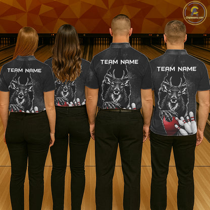 Personalized Deer Black Grunge Bowling Shirts For Men Custom Bowling Team Jersey Polo & 1/4 Zip TDM7698