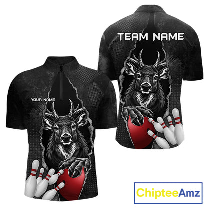 Personalized Deer Black Grunge Bowling Shirts For Men Custom Bowling Team Jersey Polo & 1/4 Zip TDM7698