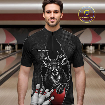 Personalized Deer Black Grunge Bowling Shirts For Men Custom Bowling Team Jersey Polo & 1/4 Zip TDM7698