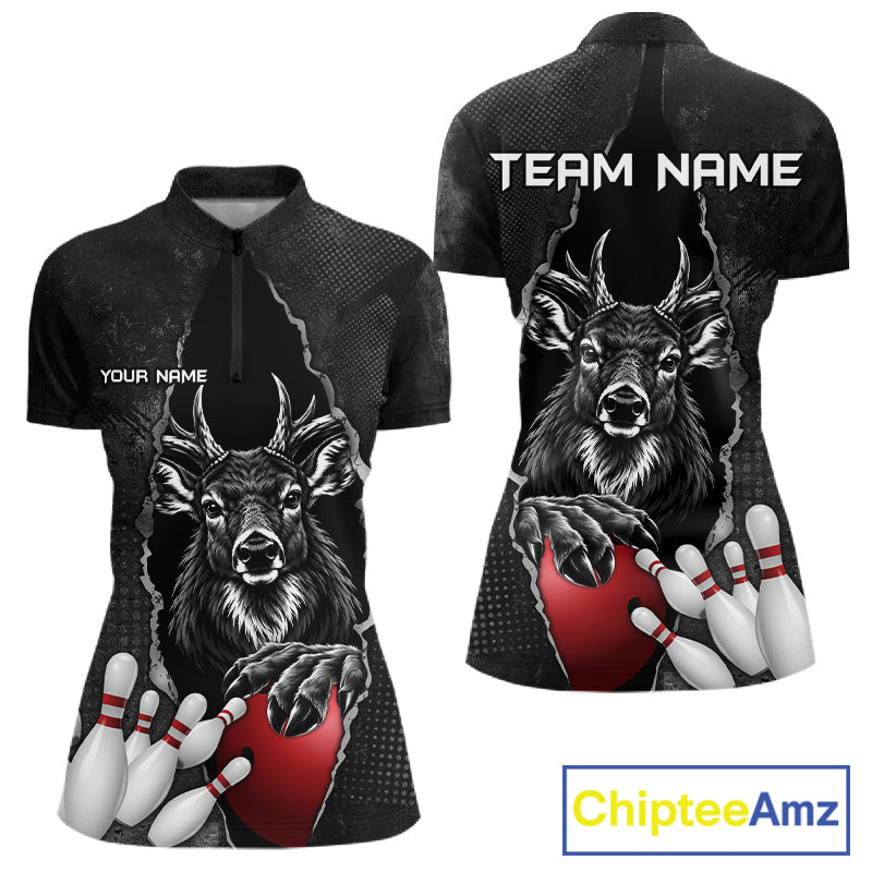 Personalized Deer Black Grunge Bowling Shirts For Women Custom Bowling Team Jersey Polo & 1/4 Zip TDM7698