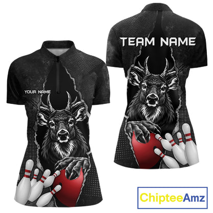 Personalized Deer Black Grunge Bowling Shirts For Women Custom Bowling Team Jersey Polo & 1/4 Zip TDM7698