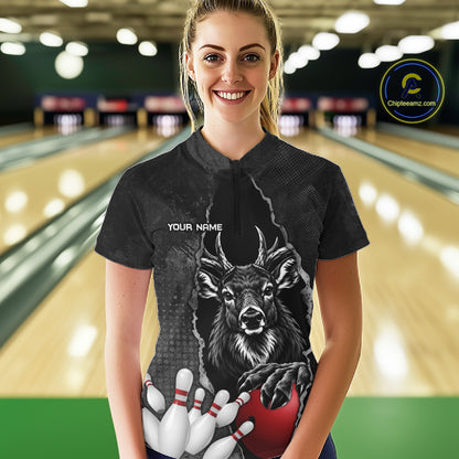 Personalized Deer Black Grunge Bowling Shirts For Women Custom Bowling Team Jersey Polo & 1/4 Zip TDM7698