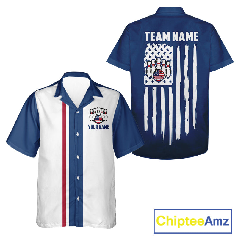 Custom Red, White And Blue American Flag Bowling Hawaiian Shirt, Patriotic Bowling Button Up Team Shirt TDM7707