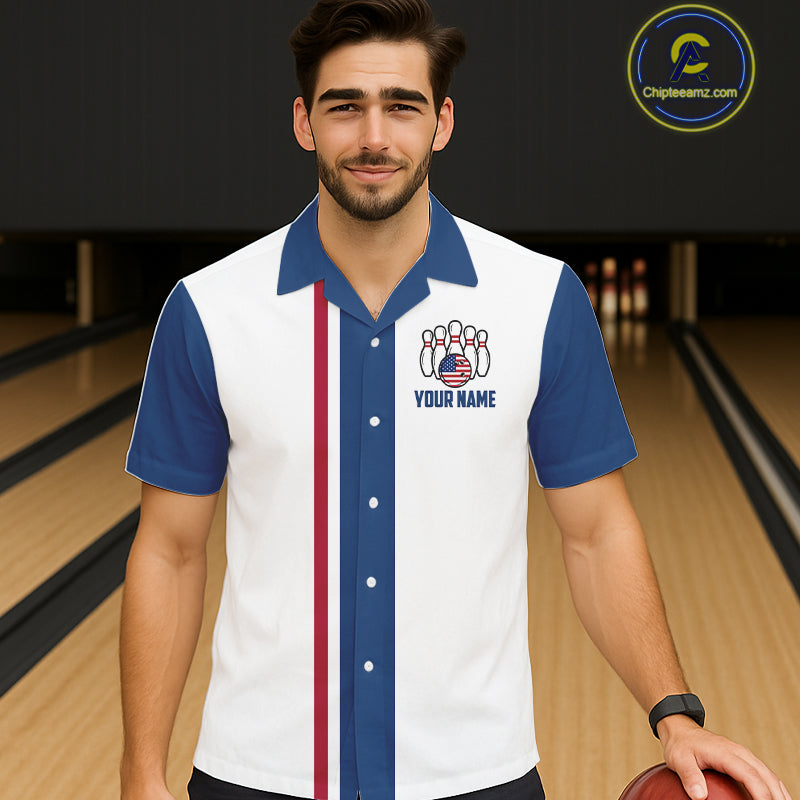 Custom Red, White And Blue American Flag Bowling Hawaiian Shirt, Patriotic Bowling Button Up Team Shirt TDM7707