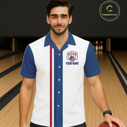 Custom Red, White And Blue American Flag Bowling Hawaiian Shirt, Patriotic Bowling Button Up Team Shirt TDM7707