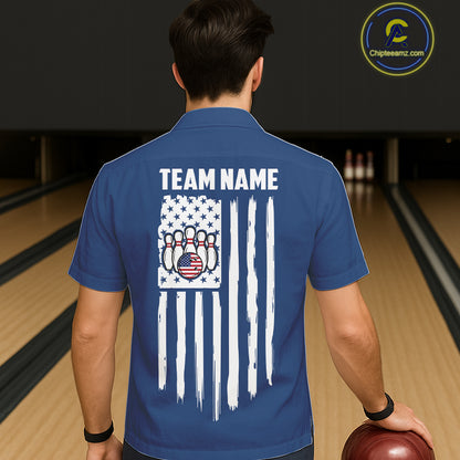 Custom Red, White And Blue American Flag Bowling Hawaiian Shirt, Patriotic Bowling Button Up Team Shirt TDM7707