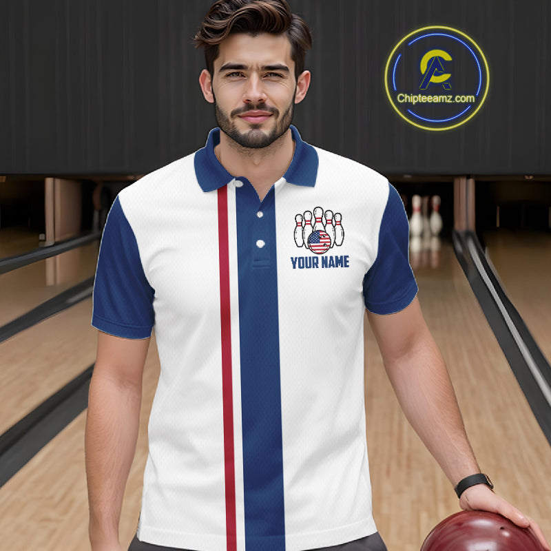 Custom Red, White And Blue American Flag Bowling Shirts For Men, Patriotic Bowling Team Jersey TDM7707