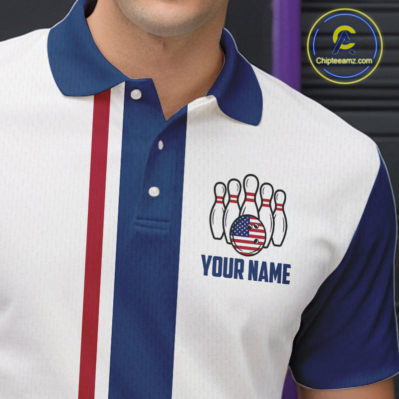 Custom Red, White And Blue American Flag Bowling Shirts For Men, Patriotic Bowling Team Jersey TDM7707
