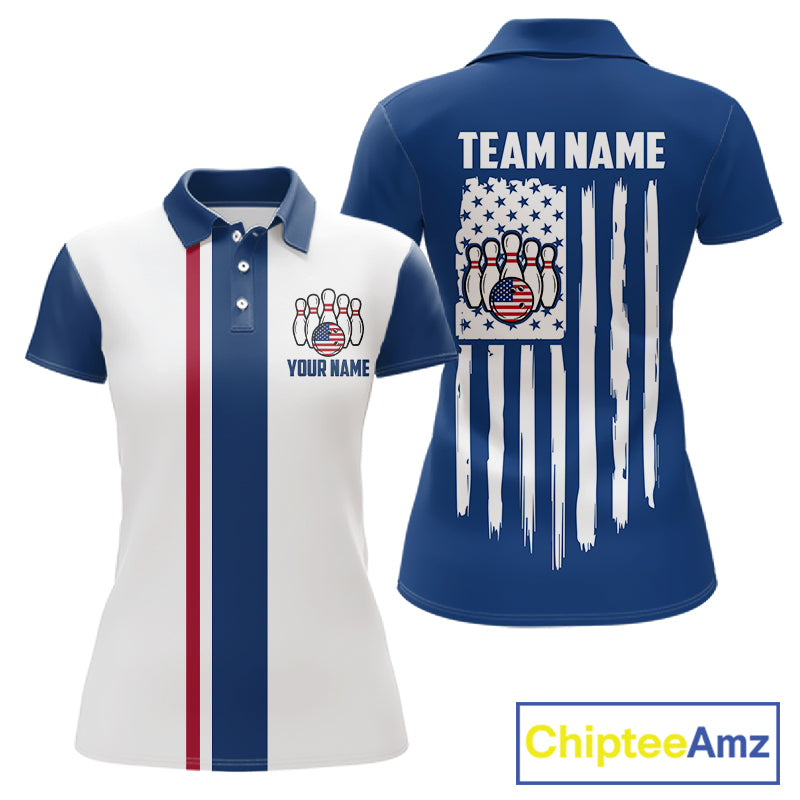 Custom Red, White And Blue American Flag Bowling Shirts For Women, Patriotic Bowling Team Jersey TDM7707