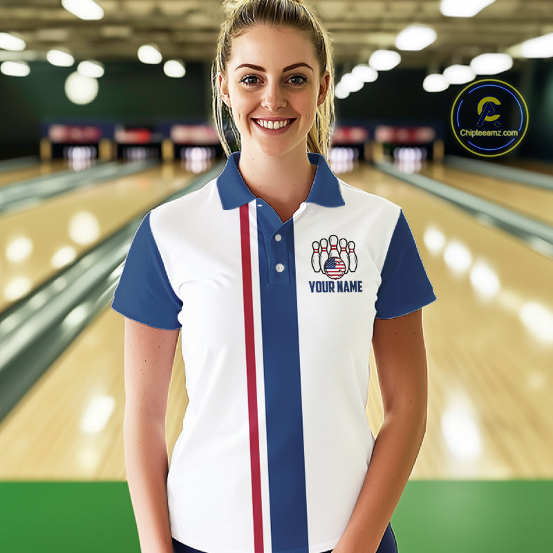 Custom Red, White And Blue American Flag Bowling Shirts For Women, Patriotic Bowling Team Jersey TDM7707