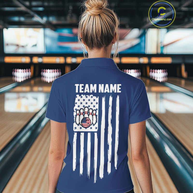 Custom Red, White And Blue American Flag Bowling Shirts For Women, Patriotic Bowling Team Jersey TDM7707
