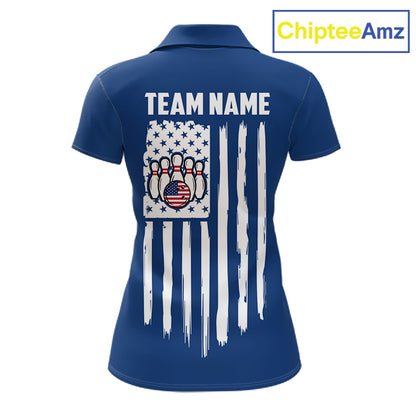Custom Red, White And Blue American Flag Bowling Shirts For Women, Patriotic Bowling Team Jersey TDM7707
