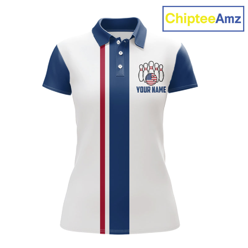 Custom Red, White And Blue American Flag Bowling Shirts For Women, Patriotic Bowling Team Jersey TDM7707