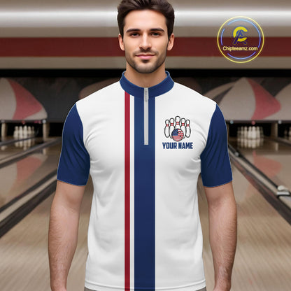 Custom Red, White And Blue American Flag Bowling Shirts For Men, Patriotic Bowling Team Jersey TDM7707