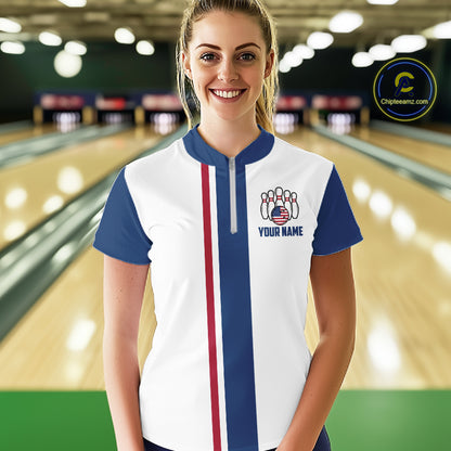 Custom Red, White And Blue American Flag Bowling Shirts For Women, Patriotic Bowling Team Jersey TDM7707