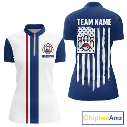 Custom Red, White And Blue American Flag Bowling Shirts For Women, Patriotic Bowling Team Jersey TDM7707