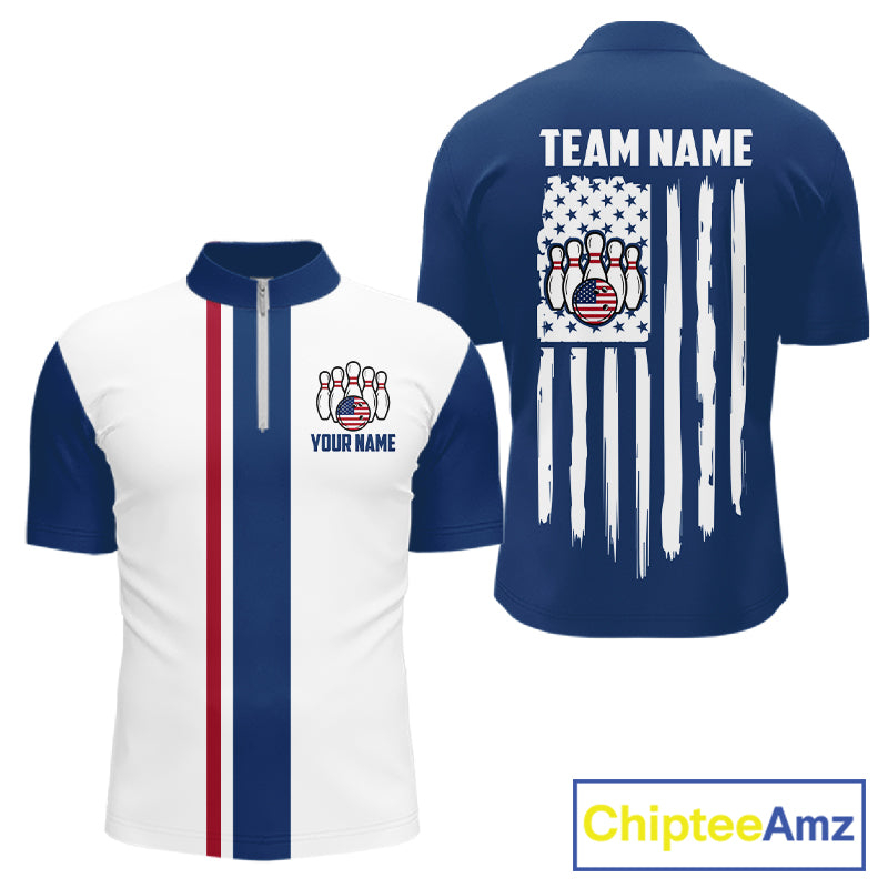 Custom Red, White And Blue American Flag Bowling Shirts For Men, Patriotic Bowling Team Jersey TDM7707
