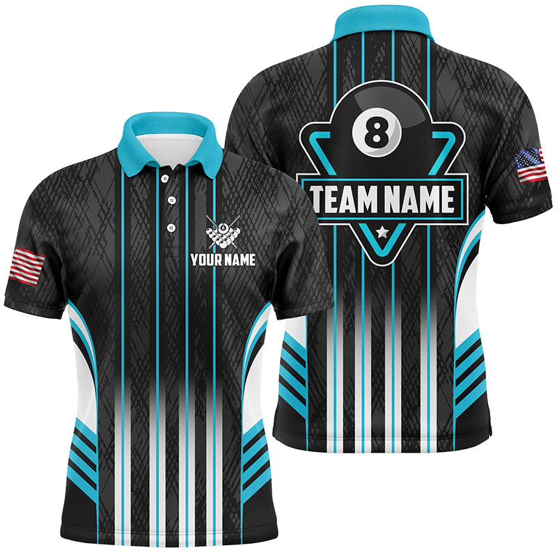 Personalized Blue 8 Ball Pool Billiard Jerseys For Men, Billiard League Team Polo & 1/4 Zip Shirts TDM2863