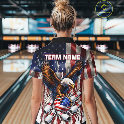 Custom American Flag Eagle Bowling Jersey For Women, Patriotic Bowling Team Shirts Polo & 1/4 Zip TDM8023